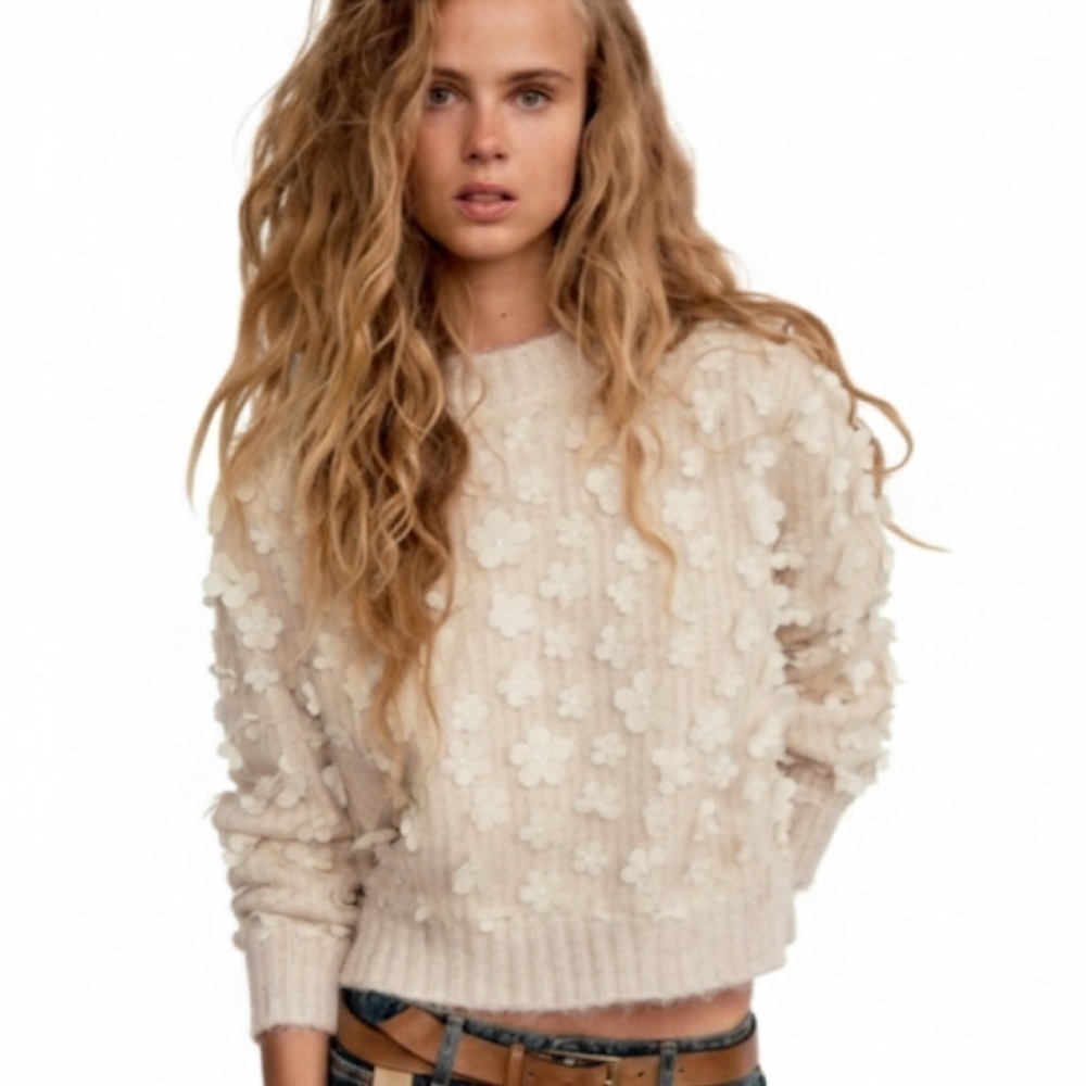 Zara Cream Combination Knit Floral Sweater Size Small Excellent Condition!